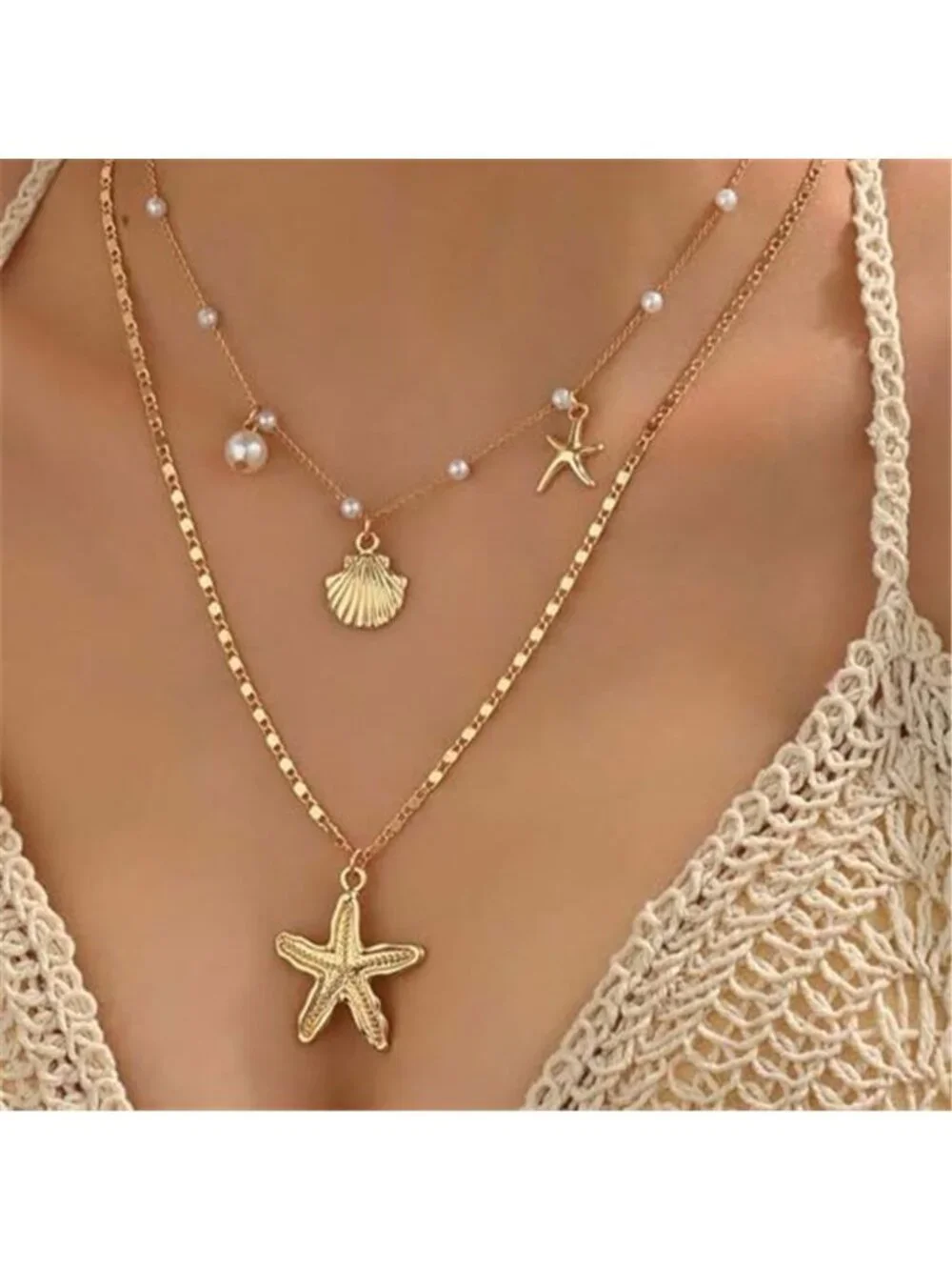 Beach Gold Layered Seashell Starfish Necklace